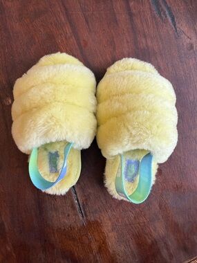 UGG Yellow Fluff Yeah Slide Slipper with Aqua Trim